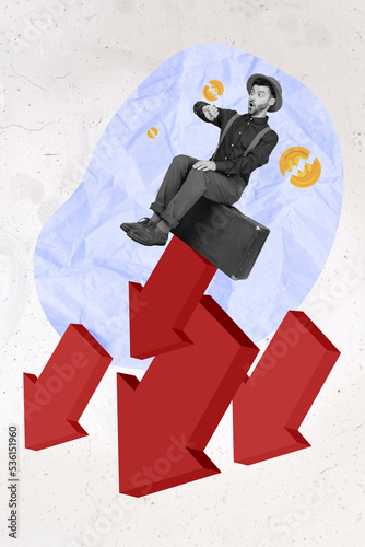 Creative abstract template graphics image of unhappy upset guy loosing work money sitting red arrow isolated drawing background