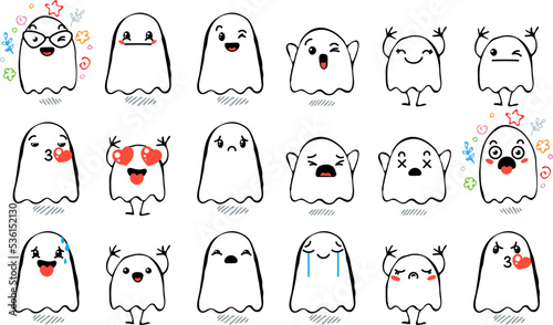Fototapeta Naklejka Na Ścianę i Meble -  Set of Various Cartoon Ghosts with Emoticons. Doodle ghouls, eyes and mouth. Caricature comic expressive emotions, smiling, crying and surprised character face expressions