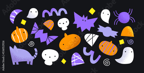 Set of abstract halloween season shapes in modern design style. Hand drawn october celebration doodle collection. Creepy drawing element bundle on isolated background. Includes ghost, skull, pumpkin.