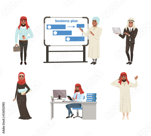 Arabian Man and Woman Business Entrepreneur Working in Company Vector Set