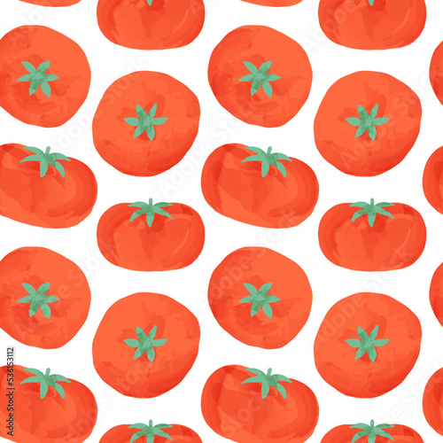Red tomato watercolor seamless pattern. Natural vegetable background illustration of organic cooking ingredient for healthy nutrition concept. Fresh hand drawn tomatoes on white backdrop.