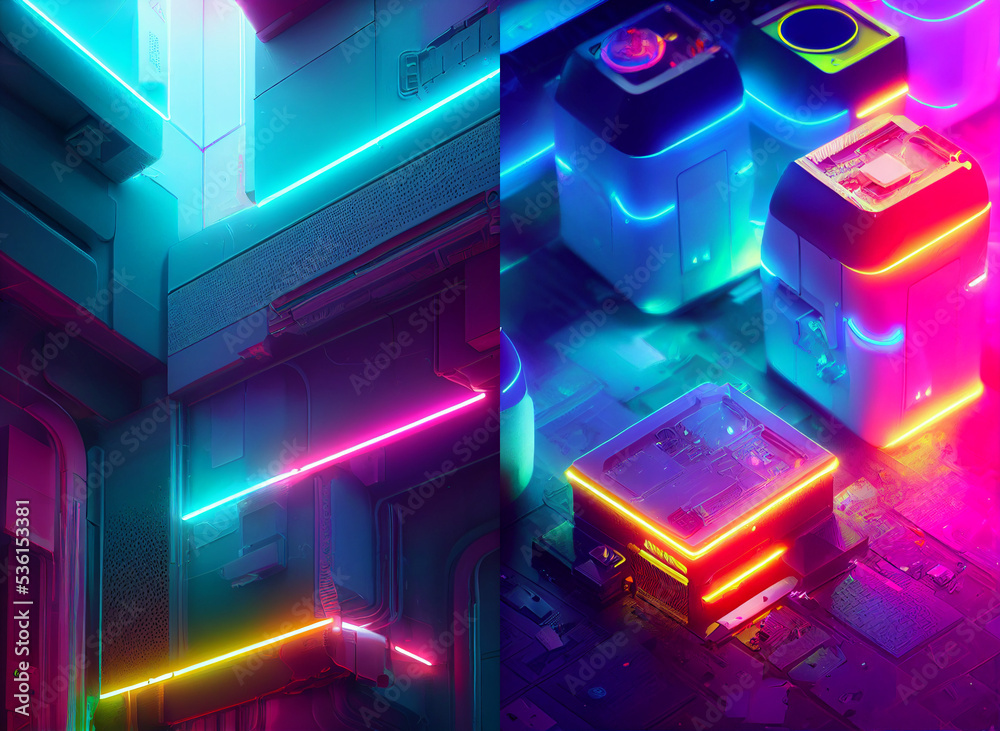 Technology background with neon lights tubes, futuristic computer, collection Technology background with neon lights tubes, futuristic computer, collection