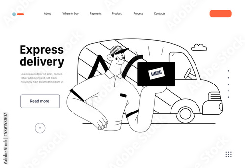 Express delivery - Online shopping and electronic commerce web template - modern flat vector concept illustration of a delivery man with a box and van. Shipment, sale and online orders concept