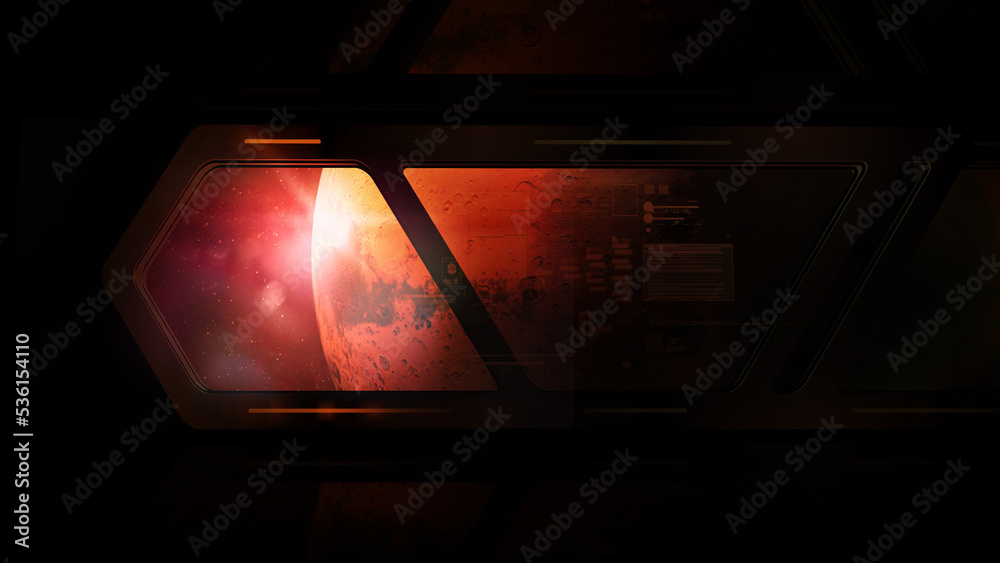 Obraz premium Space station window overlooking planet Mars and virtual data.