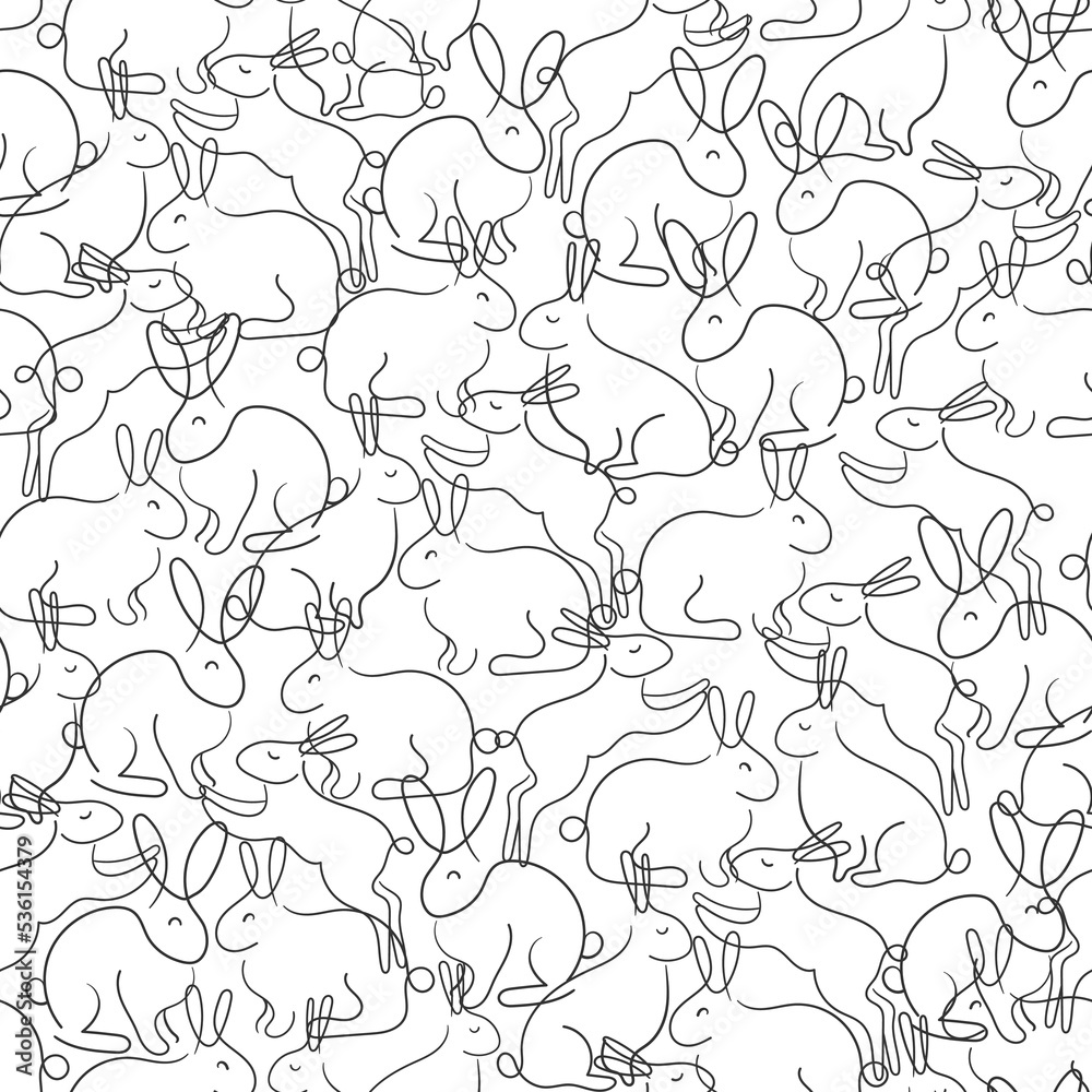 Rabbit animal art line, vector modern seamless pattern on white. Chinese New Year 2023 symbol