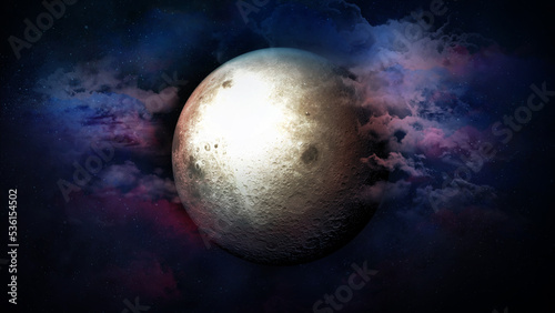 The moon is surrounded by fantastic clouds in the starry sky.