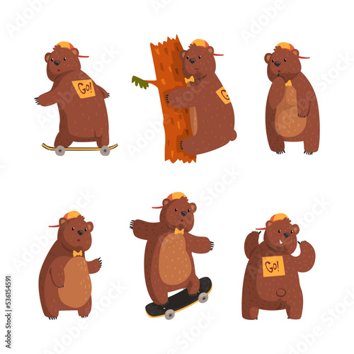 Funny Brown Bear Character in Baseball Cap with Bow Tie on Skateboard and Tree Climbing Vector Set