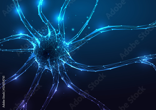 Human neuron cell with electrical impulses in futuristic glowing low polygonal style on dark blue