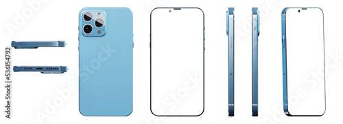 Smartphone mockup in different angles, transparent background, PNG file. Modern smartphone with three cameras, front, back and side view. 3D Render