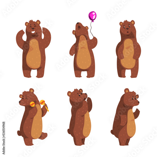 Funny Brown Bear Character Playing Maraca and Holding Toy Balloon Vector Set