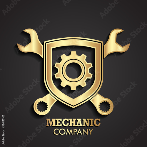 3d gold mechanic theme logo with shield gear and wrench