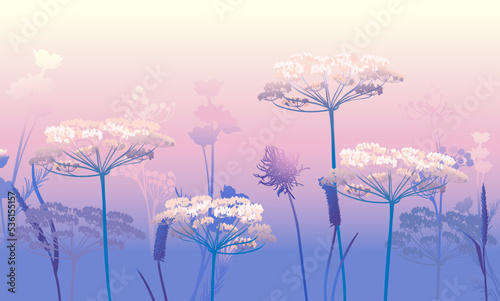 decorative wallpaper with a romantic mood and an image of a field with grass and wild flowers