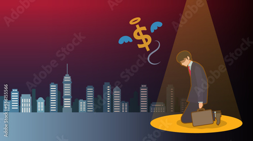 ドルを失う会社員　お金　男性　スーツ　社会問題　都市背景　人物フラットイラスト　An office worker lost money...sadness!