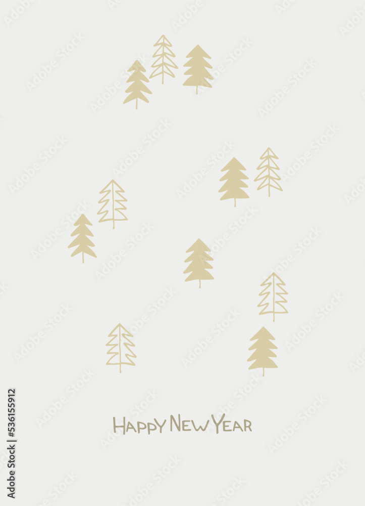 Happy New Year 2023 greeting card template. Stylish Scandinavian design with hand drawn fir trees and hand lettering on turquoise background