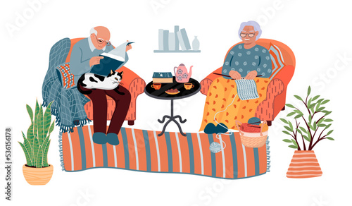 Elderly couple sitting in armchairs.A gray-haired grandfather reads a book with a cat ,a grandmother knits a scarf. Indoor plants, a table with cups of tea, a rug, yarn.Cartoon flat  illustration.
