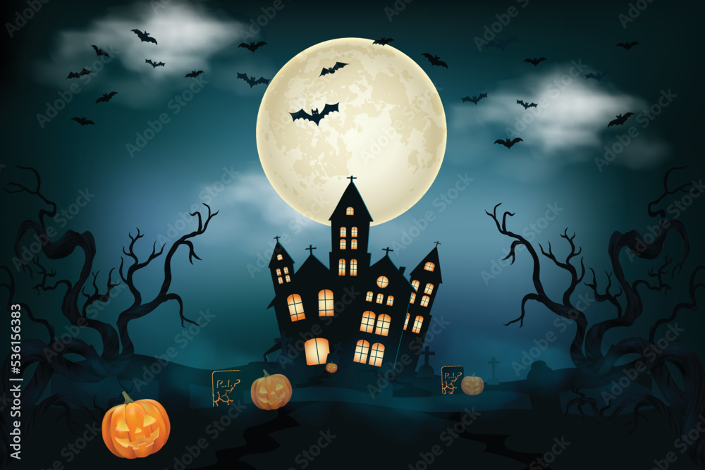 Halloween scenes with the silhouette of a castle a glowing moon and dead trees illustration. Halloween scenes with the silhouette of a castle a glowing moon and dead trees illustration.