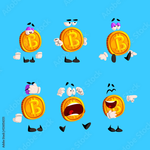 Golden Bitcoin Character with Different Emotion on Blue Background Vector Set