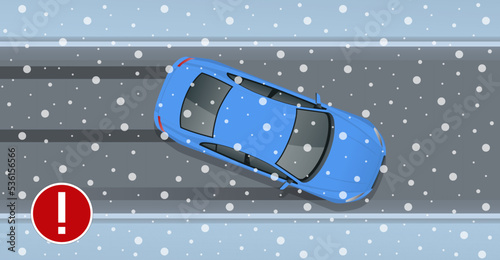 Isometric winter slippery road, car accident. The car rides on a slippery road. Urban transport. Car turning on a slippery road. Slippery road warning road sign.