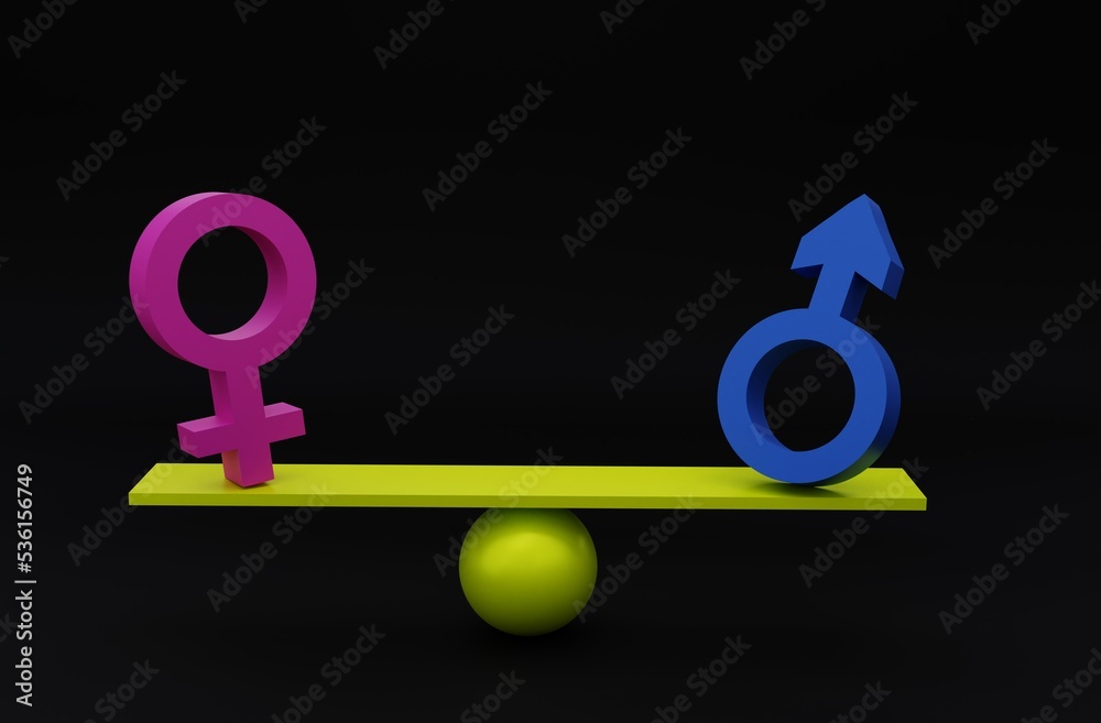 3D illustration, balance gender equality, concept of equality between men and women, black background, 3D rendering. 3D illustration, balance gender equality, concept of equality between men and women, black background, 3D rendering.