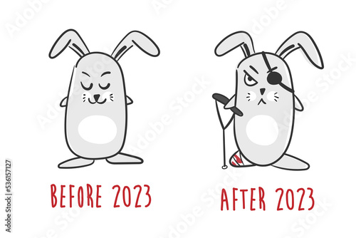 Cartoon rabbits. Cute and crippled rabbit. Symbol of 2023. Meme. Rabbit before and after after new year