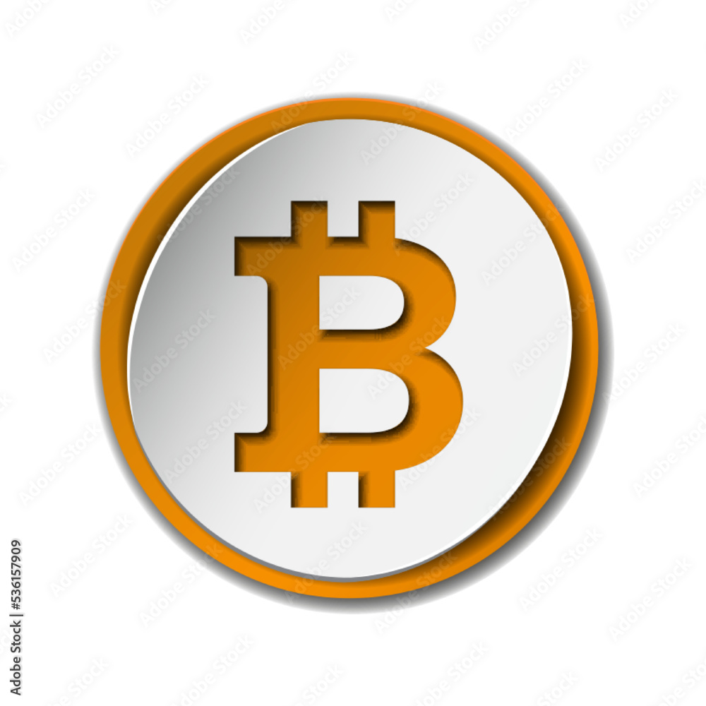 Bitcoin icon. Symbol crypto currency on white paper label on orange round Bitcoin icon. Symbol crypto currency on white paper label on orange round
