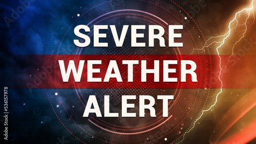 Severe Weather Alert, Horizontal Background. White Text on Heavy Black Clouds, Lightning Strikes, Thunderstorm and Abstract Shapes. Communication, Broadcasting and Risk Concept.