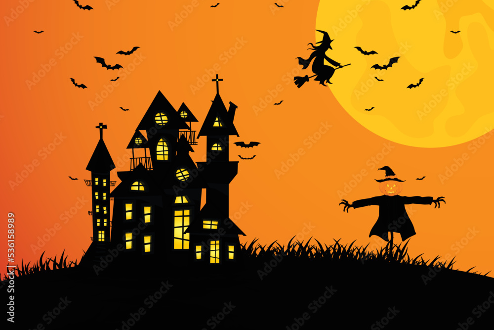 Halloween scenes with the silhouette of a castle a glowing moon and dead trees illustration.