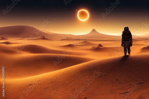 Future alien mars extraterrestrial sand planet, moons in the red sky, sand dunes © Gbor