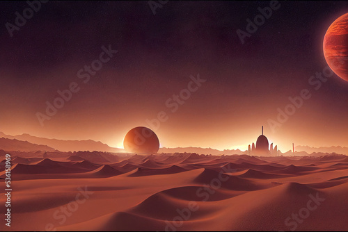 Future alien mars extraterrestrial sand planet, moons in the red sky, sand dunes