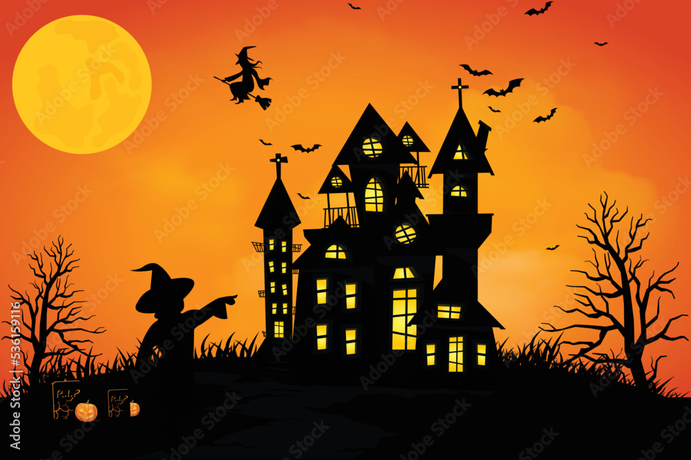 Halloween scenes with the silhouette of a castle a glowing moon and dead trees illustration.