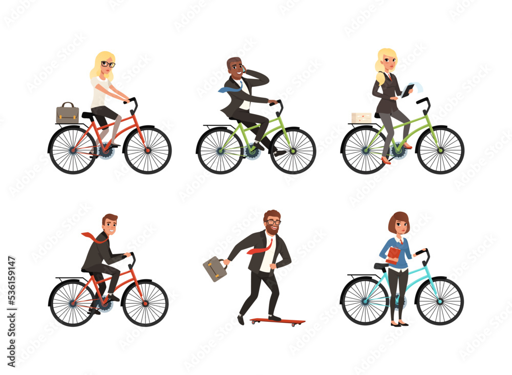 Naklejka premium Business People Characters Riding Transport Like Bicycle and Skateboard Vector Set