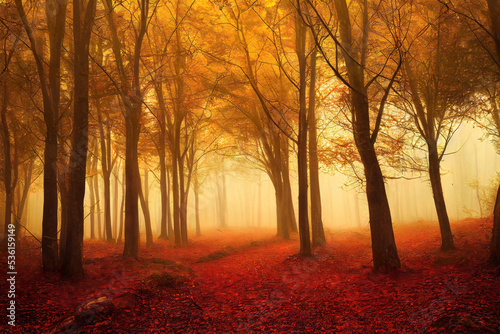 misty foggy autumn forest, wam colors, beautiful nature background wallpaper © Gbor