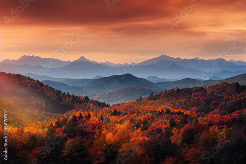 beautiful autumn forest mountain sunset landscape