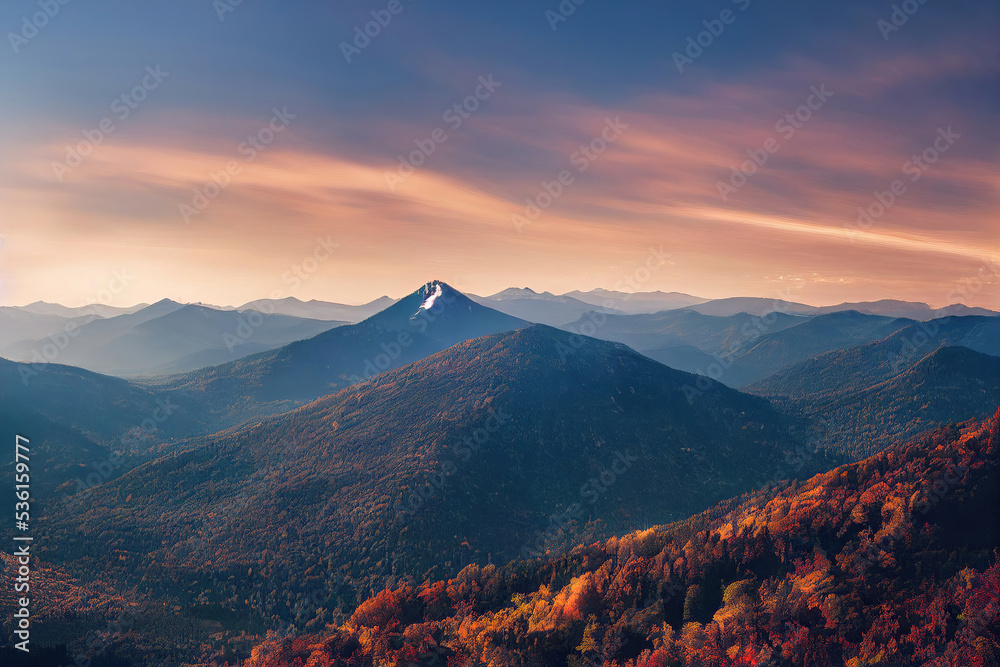 Obraz premium beautiful autumn forest mountain sunset landscape