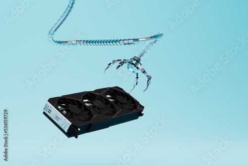 a Japanese tap for slot machines and a video card for mining cryptocurrency on a blue background. 3D render