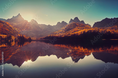 Beautiful autumn forest lake mountains landscape, warm colors, water reflections © Gbor