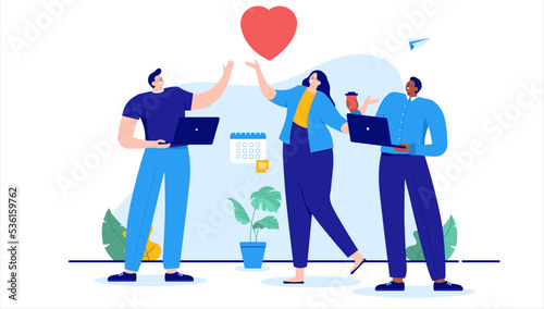 Job satisfaction - Team working of business people love work, smiling and holding red heart. Flat design vector illustration with white background