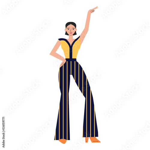 Young beautiful woman disco dancer concept design. Female twist performer in standing pose. Cool glamour adult girl in 1970s style clothes. Funky character flat vector illustration isolated on white