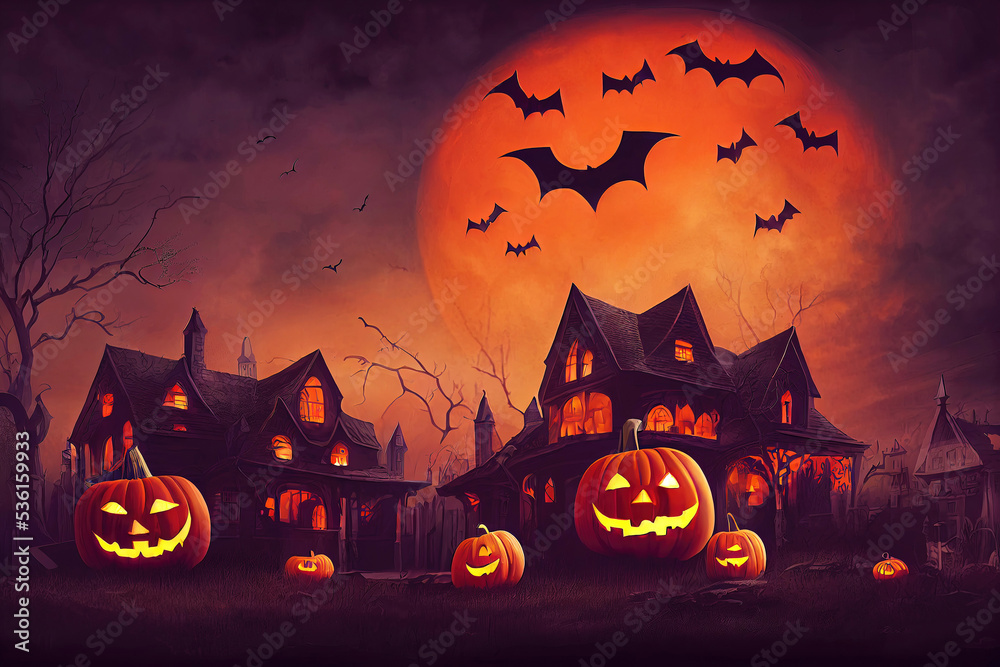 Halloween party illustration with haunted house and jack-o-lantern