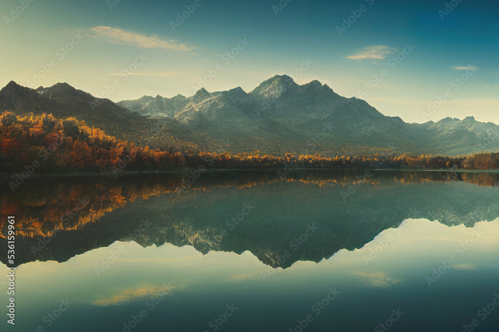 Beautiful autumn forest lake mountains landscape, warm colors, water reflections