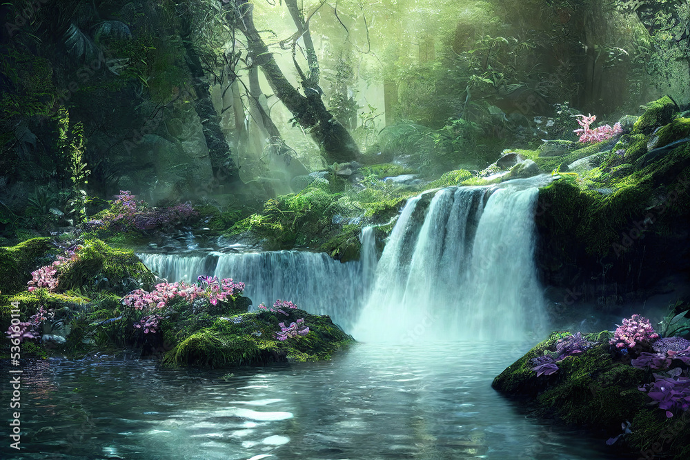 beautiful forest scene, waterfall in the woods, sun beams shine through the leaves, lush green foliage, cg illustration