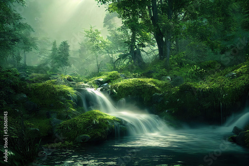 beautiful forest scene, waterfall in the woods, sun beams shine through the leaves, lush green foliage, cg illustration