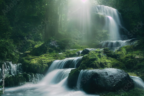 beautiful forest scene, waterfall in the woods, sun beams shine through the leaves, lush green foliage, cg illustration