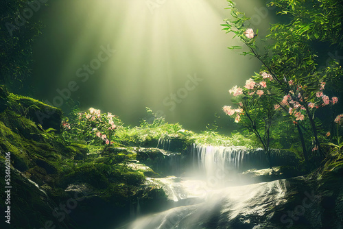 beautiful forest scene  waterfall in the woods  sun beams shine through the leaves  lush green foliage  cg illustration