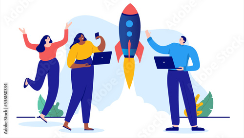 Startup launch - Team of three entrepreneurs launching rocket in air, cheering and celebrating new business. Flat design cartoon vector illustration with white background