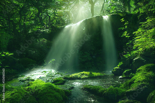 beautiful forest scene, waterfall in the woods, sun beams shine through the leaves, lush green foliage, cg illustration © Gbor