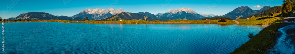 High resolution panorama with the famous Loferer and Leoganger Steinberge mountains in the background at Fieberbrunn, Tyrol, Austria High resolution panorama with the famous Loferer and Leoganger Steinberge mountains in the background at Fieberbrunn, Tyrol, Austria