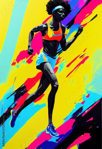 Colourful illustration of an ebony athlete, bold brush strokes, grunge image technique. Ai generated image, Is not based on any original image, character, or person