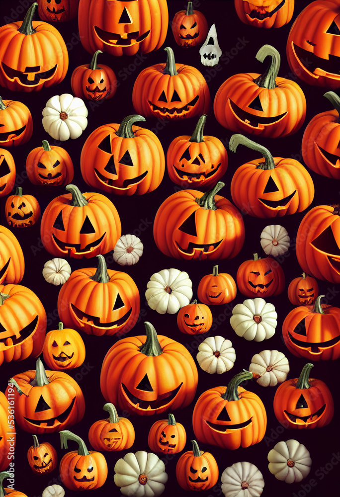 Lots of Halloween pumpkins lying on the surface, white and orange pumpkins with carved faces
Lots of Halloween pumpkins lying on the surface, white and orange pumpkins with carved faces