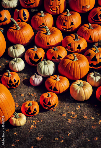 Halloween pumpkins lying on the ground, carved faces 